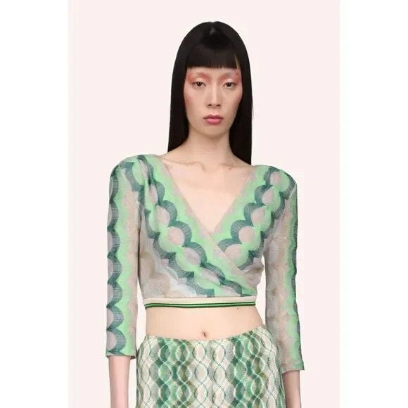 NWT☘️ Anna Sui Green maximalist print Wrap Top blouse sexy Free People sweater M - Picture 5 of 11